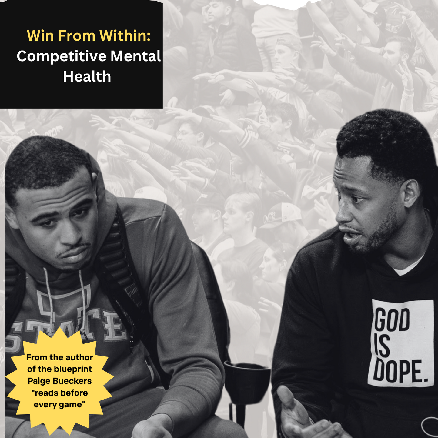 Book cover of 'Win From Within: Competitive Mental Health' by Nick Graham featuring two men sitting and a mountainous background.