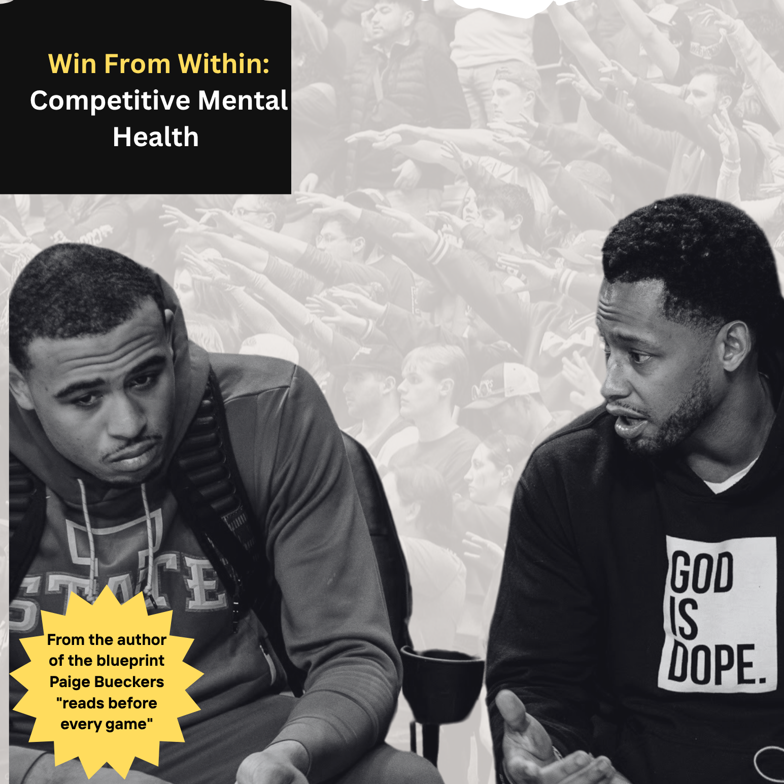 Book cover of 'Win From Within: Competitive Mental Health' by Nick Graham featuring two men sitting and a mountainous background.