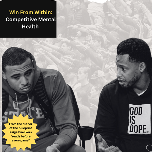 Book cover of 'Win From Within: Competitive Mental Health' by Nick Graham featuring two men sitting and a mountainous background.
